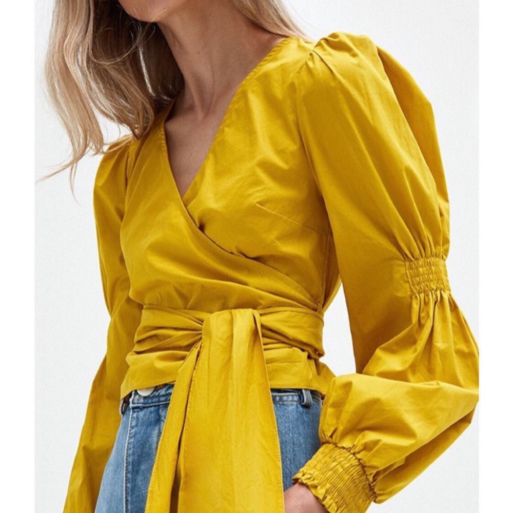 Stelen by Need Supply V-neck Cotton Dressy Mustard Blouse Wrap Belt Large
